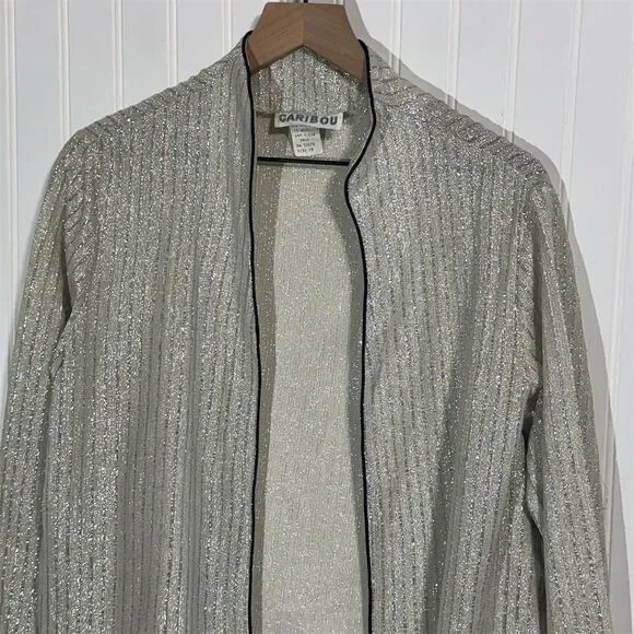 Vintage Caribou Shimmer Cardigan Size 18 | Silver Metallic Ribbed Disco Jacket - Picture 3 of 8